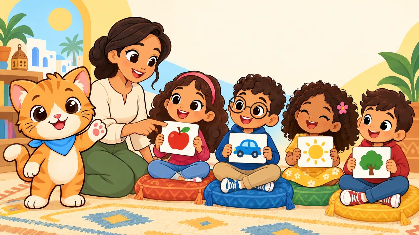 Yousra et des enfants en classe avec des cartes illustrées