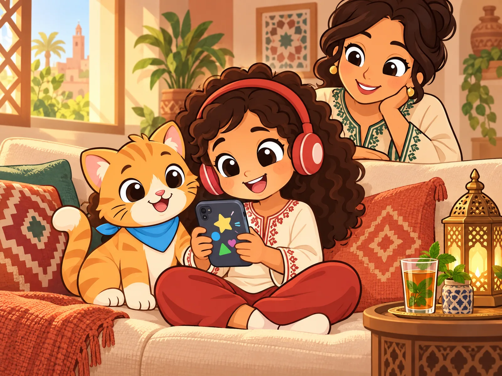 Une enfant apprend l'anglais sur un téléphone, avec Milo le chat à côté d'elle